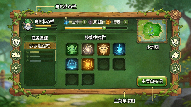 爱尔兰精灵游戏标准界面布局图，标注了角色状态栏、技能快捷栏、小地图、任务追踪和主菜单按钮